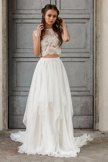 Elegant Long Two Piece A-line Lace Chiffon Wedding Dress